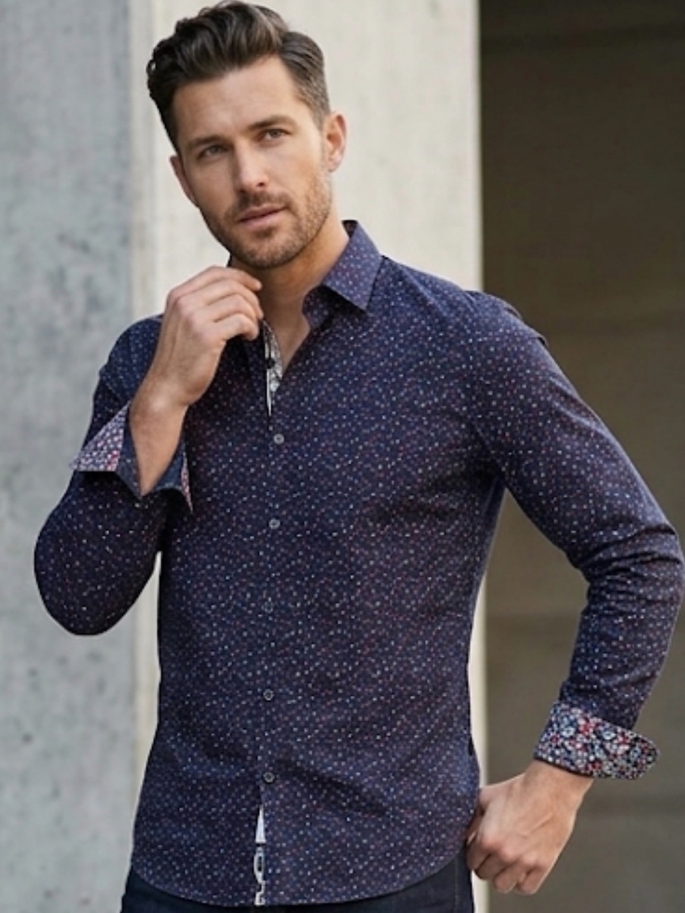 Denim & Flower Ricky Singh Men's Navy Micro-Print Long-Sleeve Shirt